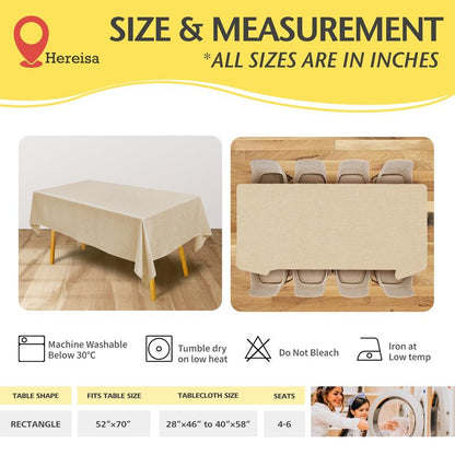 Hereisa Linen Textured Rectangle Tablecloth, Waterproof & Stain Resistant Fabric Table Cloth, Wrinkle Free Linen Dining Decorative Farmhouse Table Cover for Dining/Buffet/Wedding, 52 x 70 Inch, Beige