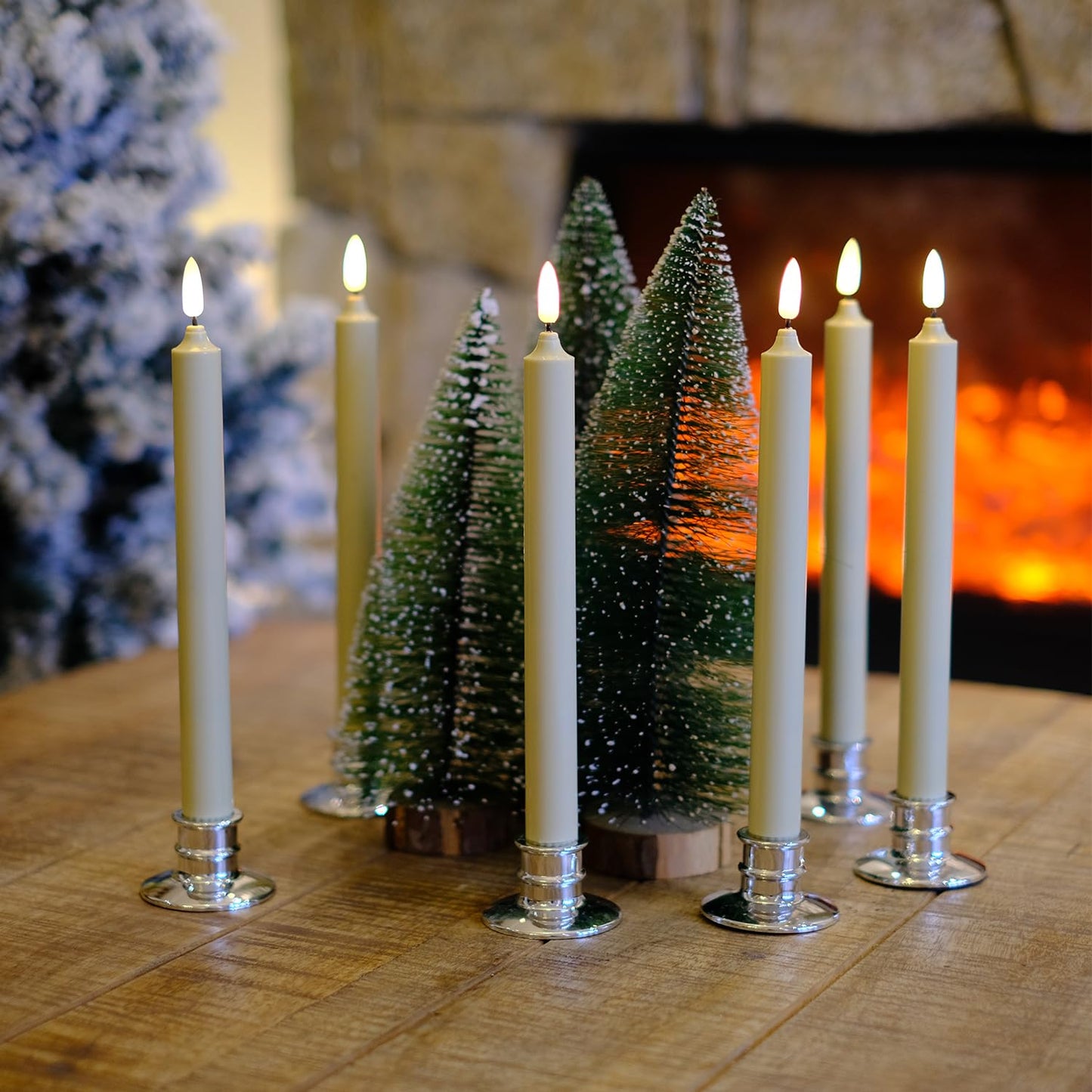 6 Pack LED Windows Candles with 12 AA Batteries(Include,Run More Than 400 Hours) + 6 Silver Removable Candlesticks + 6 Suction Cup,10'' Ivory Flameless Battery Taper Window Candle Light with Remote