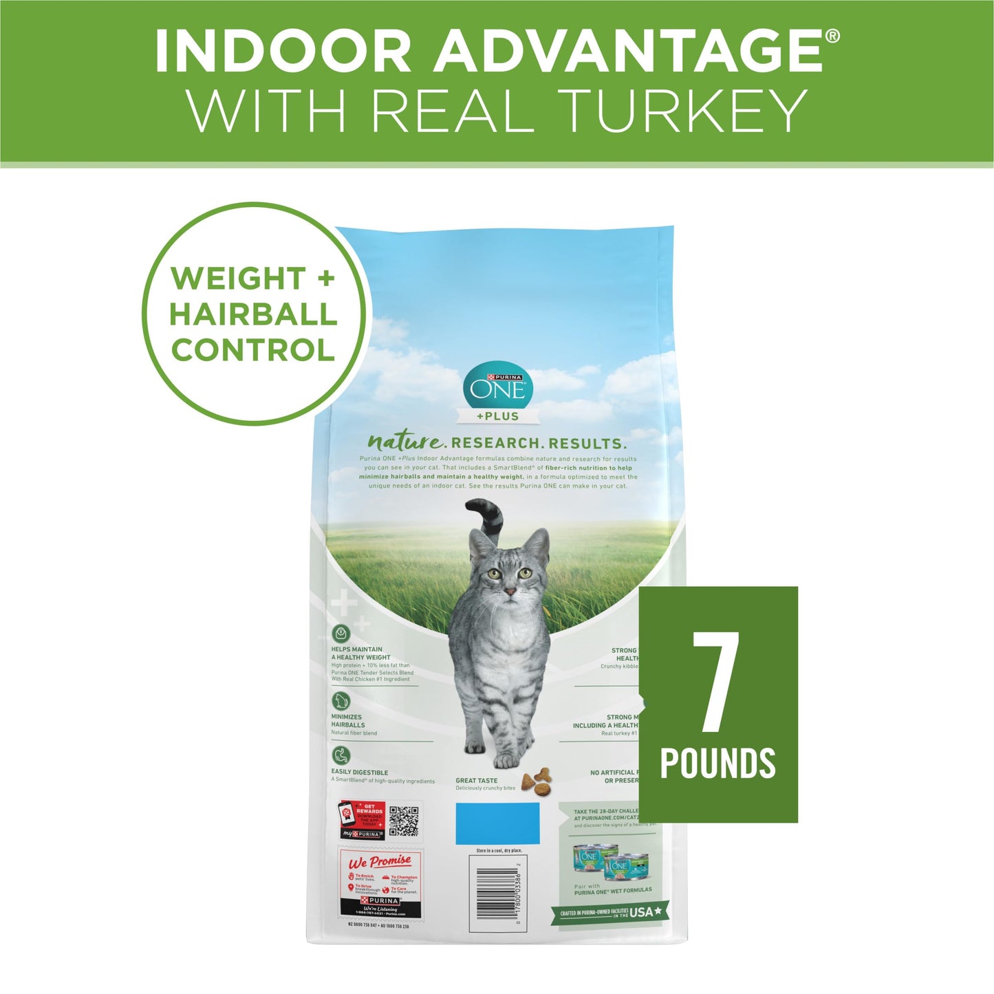 Purina ONE Natural, Low Fat, Weight Control, Indoor Dry Cat Food, +Plus Indoor Advantage - 7 lb. Bag