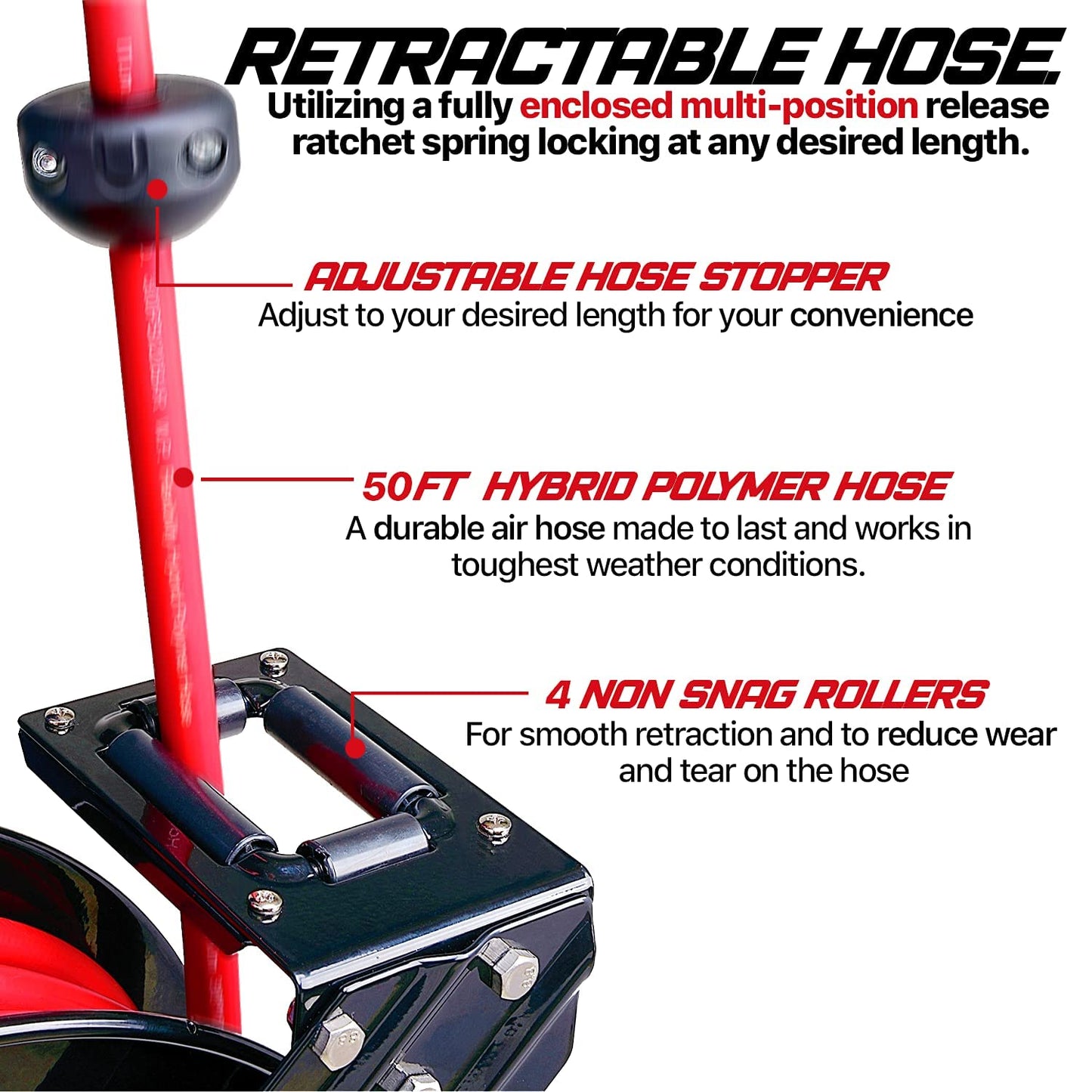 ReelWorks Air Hose Reel Retractable 3/8" Inch x 50' Feet Hybrid Polymer Hose, Max. 300 PSI & Extension Cord Reel Retractable 12awg x 80' Foot 3C/SJTOW Glow Strip Cable