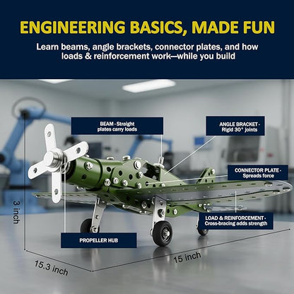 Metal Model Airplane Building Toys for Boys &amp Girls Ages 8-16 258 Pieces DIY STEM Construction Kits Educational Engineering Science Plane Set Vintage Aircraft Vehicle Gift for Kids &amp Adults