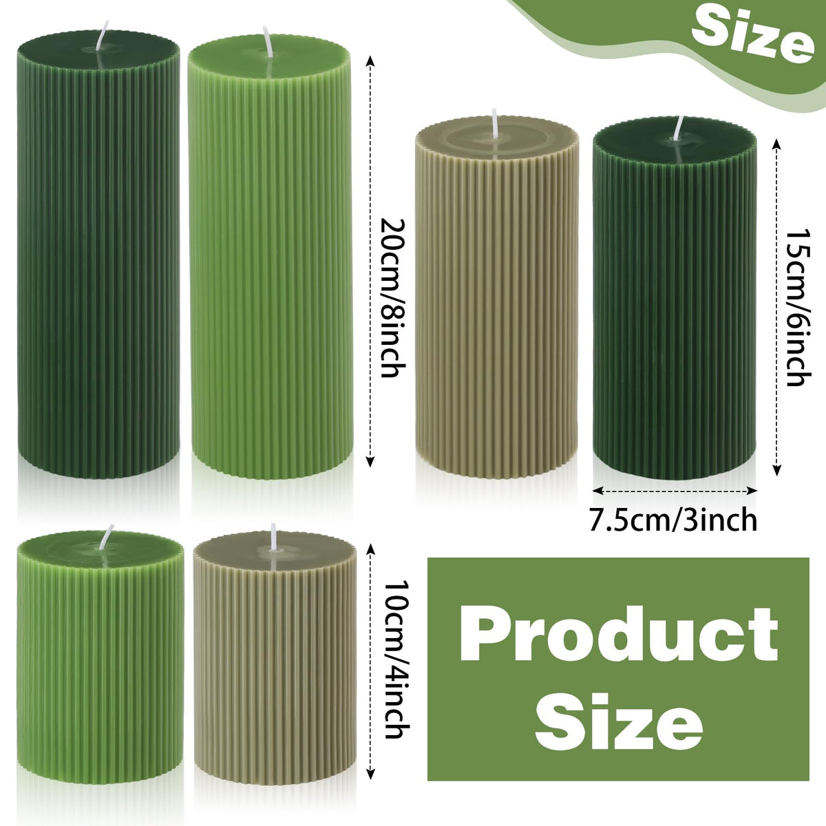 Lyrow 6 Pcs Ribbed Pillar Home Decorative Candles Aesthetic Modern Home Decor Soy Wax Unscented Pillar Candles Width 3" High 4" 6" 8" for Bathroom Living Room Wedding Dinner Party(Green)