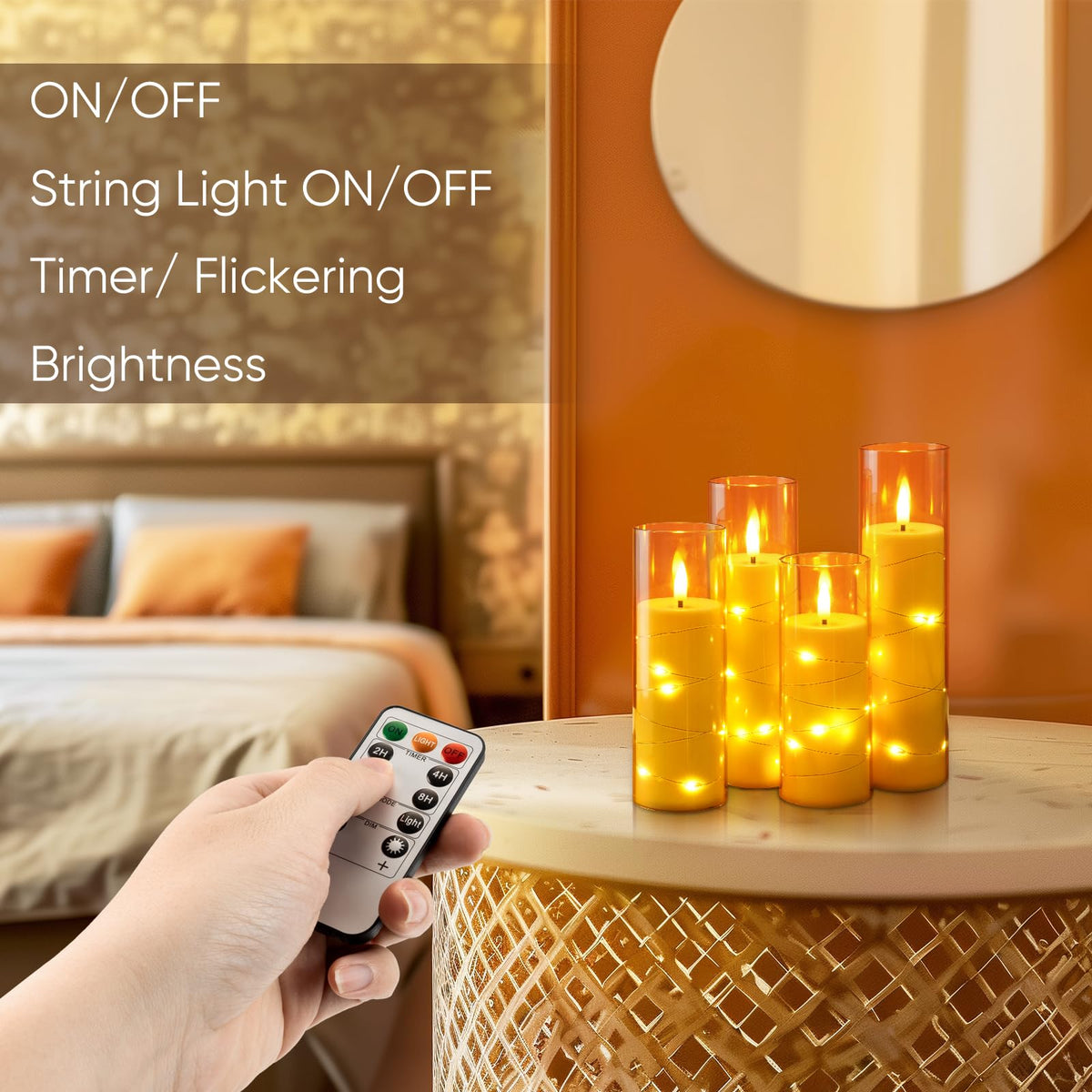 Homemory 12Pcs Flameless Candles with Star String Fairy Lights, Flickering Battery Operated Candles, LED Fake Candles with Remote and Timer, Christmas, Weddings, Home Decor, Gold