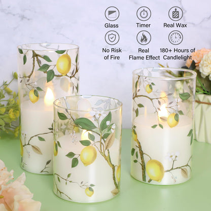 Silverstro Flameless LED Candles with Remote Lemon Decal Glass Flickering Battery Operated Candles for Home Room Party Wedding Holiday Christmas Valentine's Day Decor - Set of 3