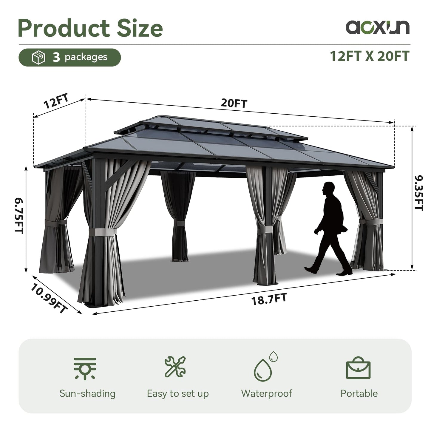 Aoxun 12'x20' Hardtop Gazebo, Aluminum Frame Permanent Pavilion with Curtains and Netting, Outdoor Polycarbonate Double Roof Canopy, Designed for Garden, Lawns, Patio, Gray