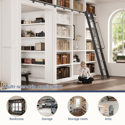 CEAKIAN 9FT Aluminum Rolling Library Ladder with 4FT Sliding Hardware Kit,Telescopic Hook Track with Brake Wheel,8 Steps with Handrail,450lbs Capacity,Black,Easy Assembly,for Loft Bookcase Attic Home