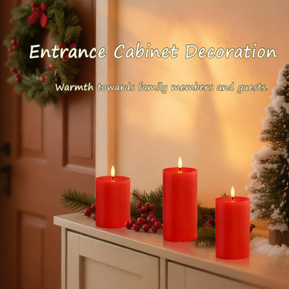 JOIONE Flameless Pillar Candles with Remote, 3 Pack Battery Operated Real Wax LED Candles, Perfect for Home Decorations Fireplace Table, Red