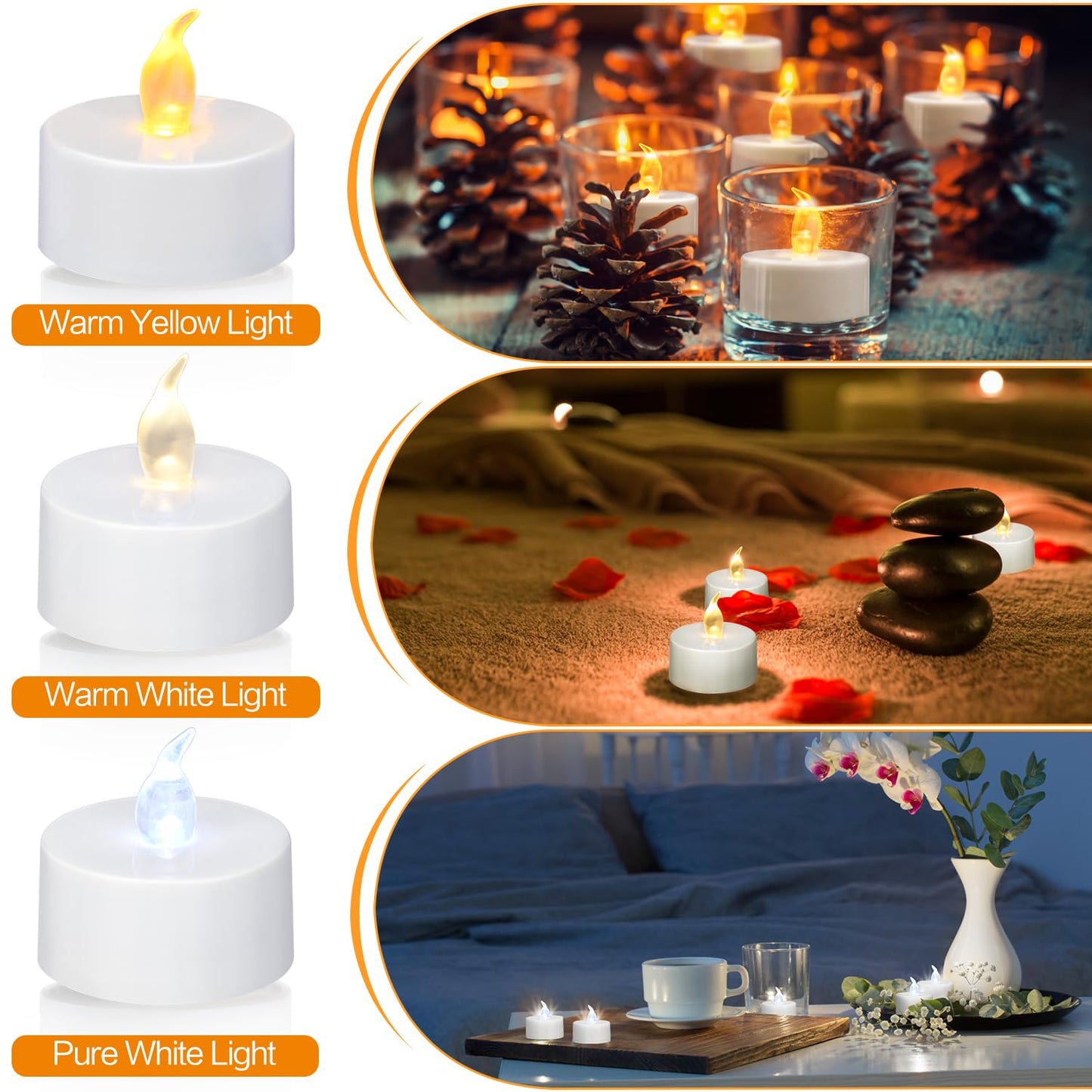 KOABY 50 Pack Tea Lights with Timer, Auto-On 6 Hours and Off 18 Hours in 24 Hours Cycle Automatically, Battery Operated Flameless Flickering Tea Lights with Timer(50 Pack, Warm Yellow)