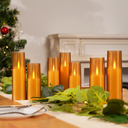 Homemory Amber Flameless Battery Operated LED Candles with Remote Control, Flickering Pillar Candles, 7-Piece Set for Multi-Use Decor, Timer Function Included
