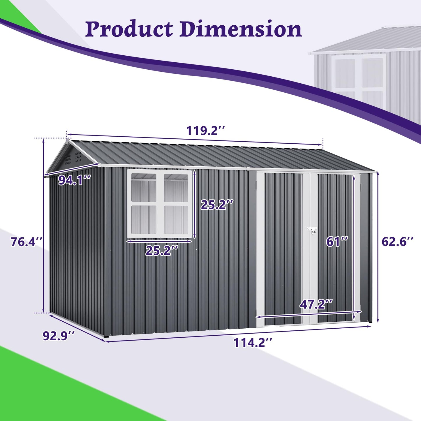 10'x8' Galvanized Steel Storage Shed with Raised Floor Base, Side Window & Top Vents, Lockable Double French Door Outdoor Garden Tool Shed, Gray