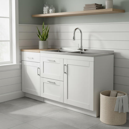 SIMPLIHOME Modern Wide Shaker All-in-One 46 inch Wide Utility Sink and Laundry Cabinet in Pure White Finish, Transitional Stainless Steel Sink Cabinet for Laundry Rooms with High-Arch Chrome Faucet