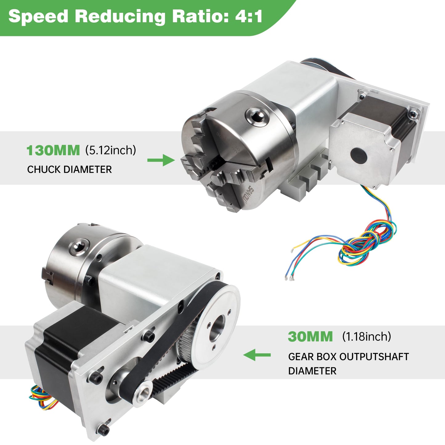 RATTMMOTOR K12-130mm CNC Router Table Rotary Milling Machine Rotational Axis A 4th Axis Through Hole 30MM, 4 Jaw Chuck Dividing Head Reducing Ratio 4:1, Nema34 Stepper Motor