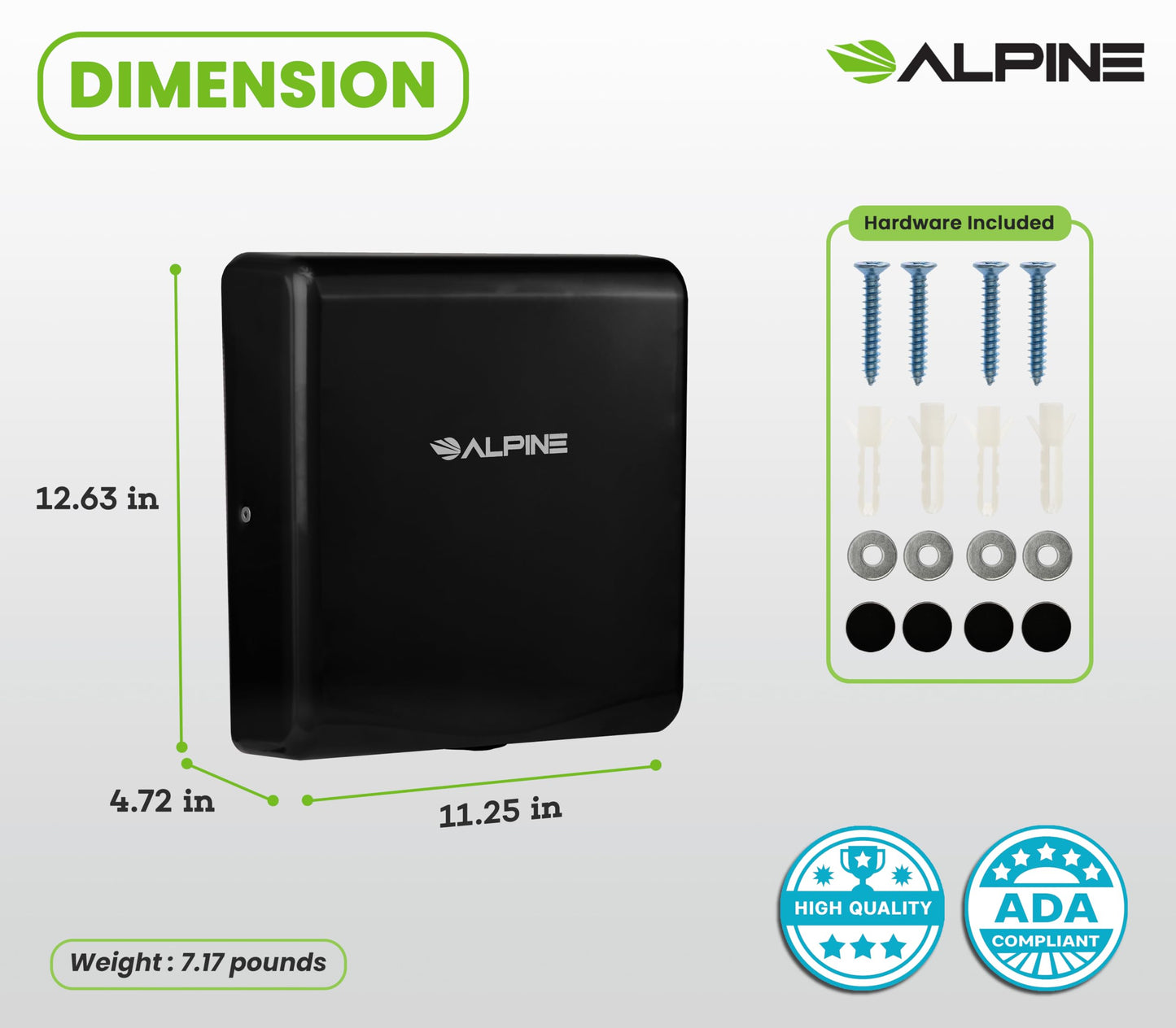 Alpine Hand Dryers for Bathrooms Commercial Extreme Speed Automatic Electric Hand Dryer for Home Bathroom/Restaurant with HEPA Filter, Heat & Speed Control - ADA Compliant (120v Black)