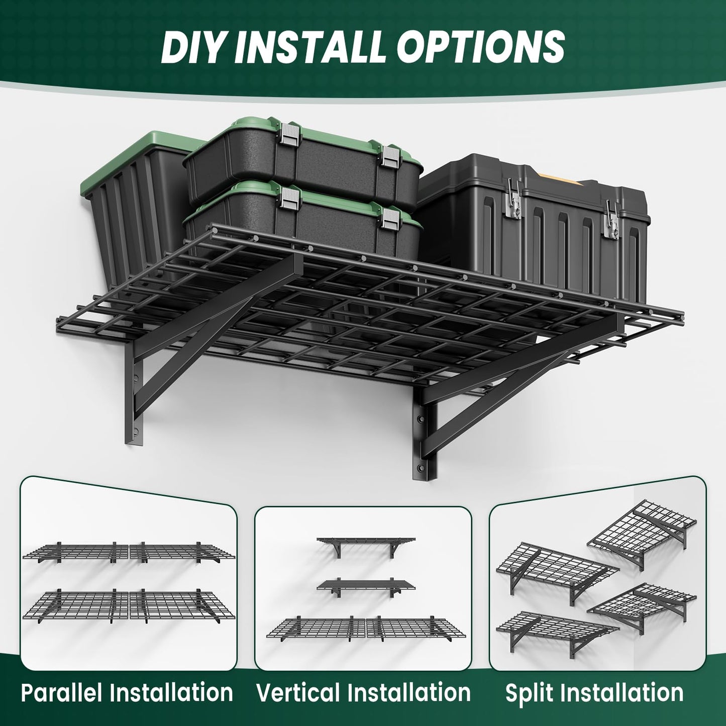 TOPIRON 4 Pack 2x3ft Garage Wall Shelves, 24x72 inch Heavy Duty Garage Shelving Wall Mounted Garage Storage Rack, 1400lbs Load Capacity Floating Metal Shelf, Black