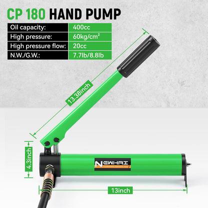 Newhai Hydraulic Porta Power Kit 20 ton Hydraulic Ram Jack + cp-180 Hand Pump Hydraulic Lifting Cylinder Tool Retract Automatically for Industrial Factory DIY Use