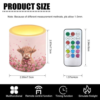Merkmak Valentines Day Flickering Flameless Candles with Remote and Timer Battery Operated Candles Pink Rose Highland Cattle Print 4Pcs LED Pillar Tea Lights for Home Decor