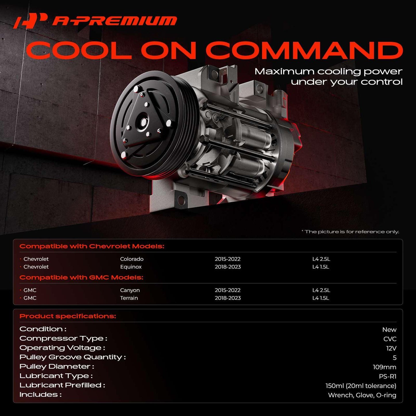 A-Premium A/C AC Compressor with Clutch Compatible with Chevrolet Colorado 2.5L 2015-2022, Equinox 1.5L 2018-2023, GMC Canyon 2.5L 2015-2022, Terrain 1.5L 2018-2023, CVC Style, 5 Grooves