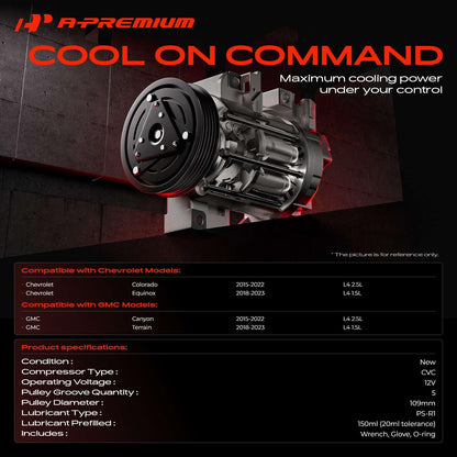 A-Premium A/C AC Compressor with Clutch Compatible with Chevrolet Colorado 2.5L 2015-2022, Equinox 1.5L 2018-2023, GMC Canyon 2.5L 2015-2022, Terrain 1.5L 2018-2023, CVC Style, 5 Grooves