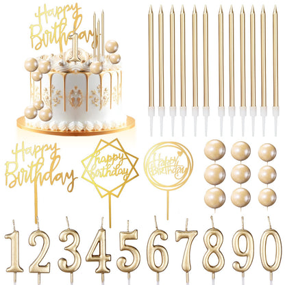 Yerliker 34 Pcs Happy Birthday Cake Toppers Decorations Birthday Candles DIY Cake Decor for Men Women Wedding Anniversary(Champagne)