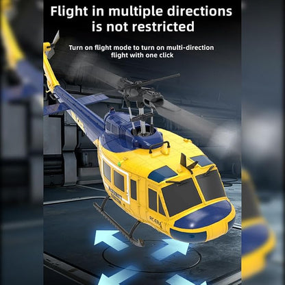 C032 UH-1 Huey RC Helicopter for Adults 1/48 Scale 2.4G 6CH Flybarless Stunt RC Plane 6-Axis Gyroscope Optical Flow Positioning TOF Lidar Height Setting for Beginners (Yellow-blue(3 Batteries))