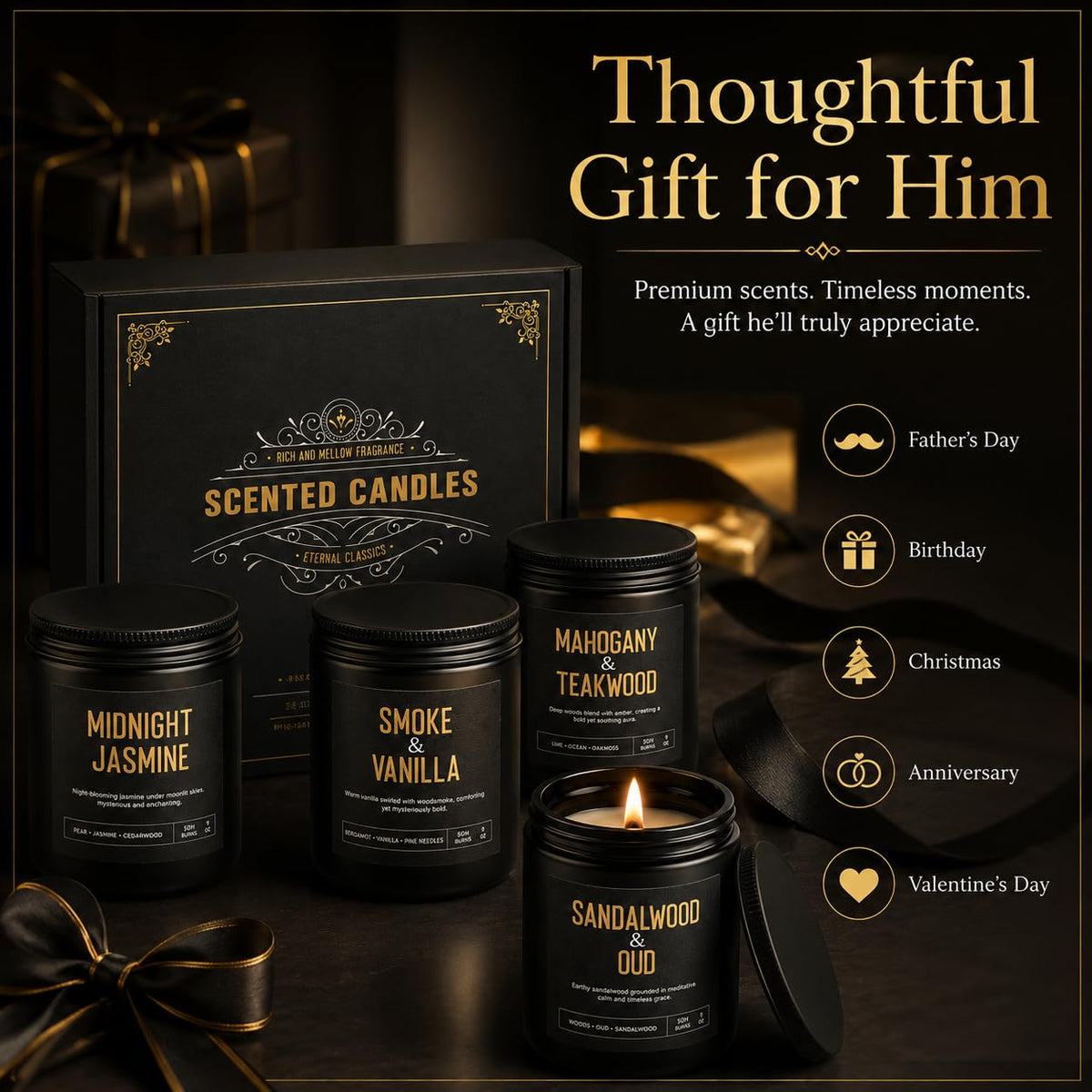Men's Candle Gift Set, 4 Pack Crackling Wood Wick Soy Scented Candles, 36oz Masculine Aromatherapy Candles for Home, Up to 200H Burn Time, Thoughtful Gift for Fathers, Husbands and Men