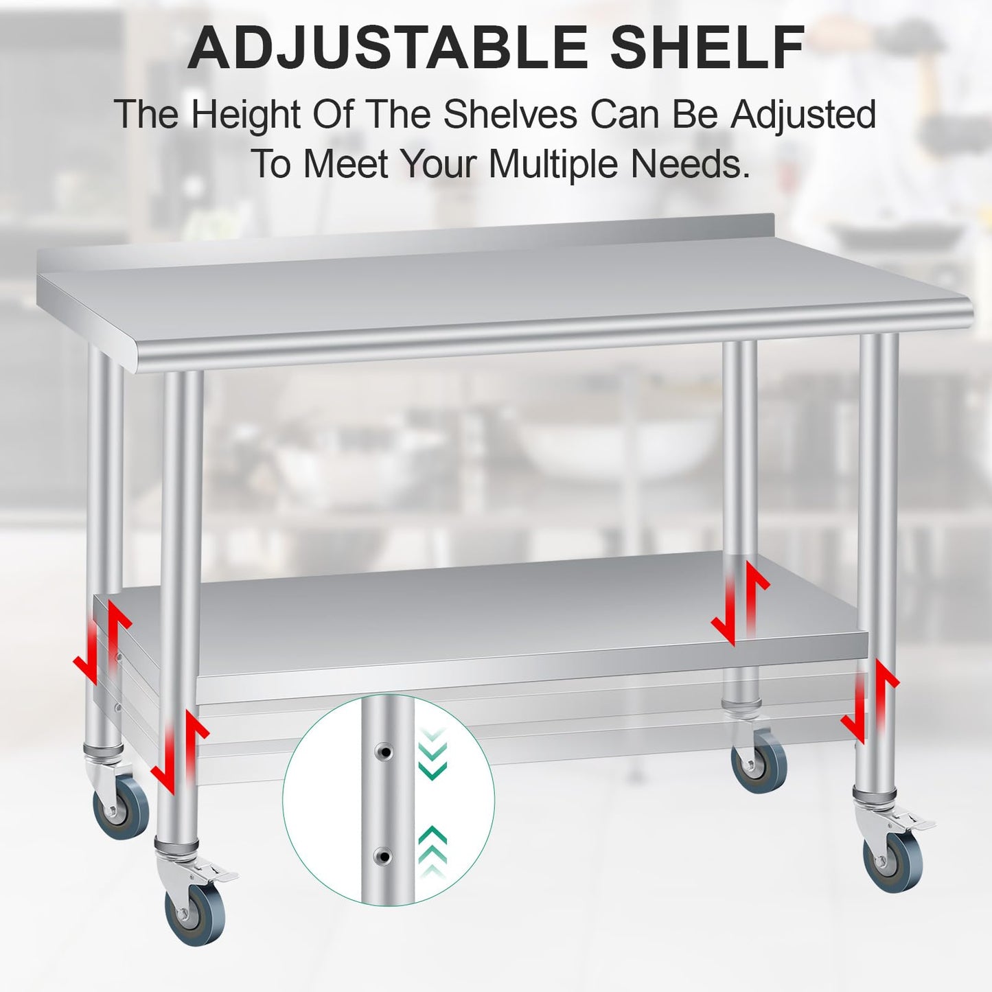 60 x 24 Inch Stainless Steel Prep Table, Heavy Duty Commercial Work Table with 4 Caster Wheels, Adjustable Undershelf & Rounded Corners, Metal Kitchen Workbench for Restaurant, Garage and Outdoor