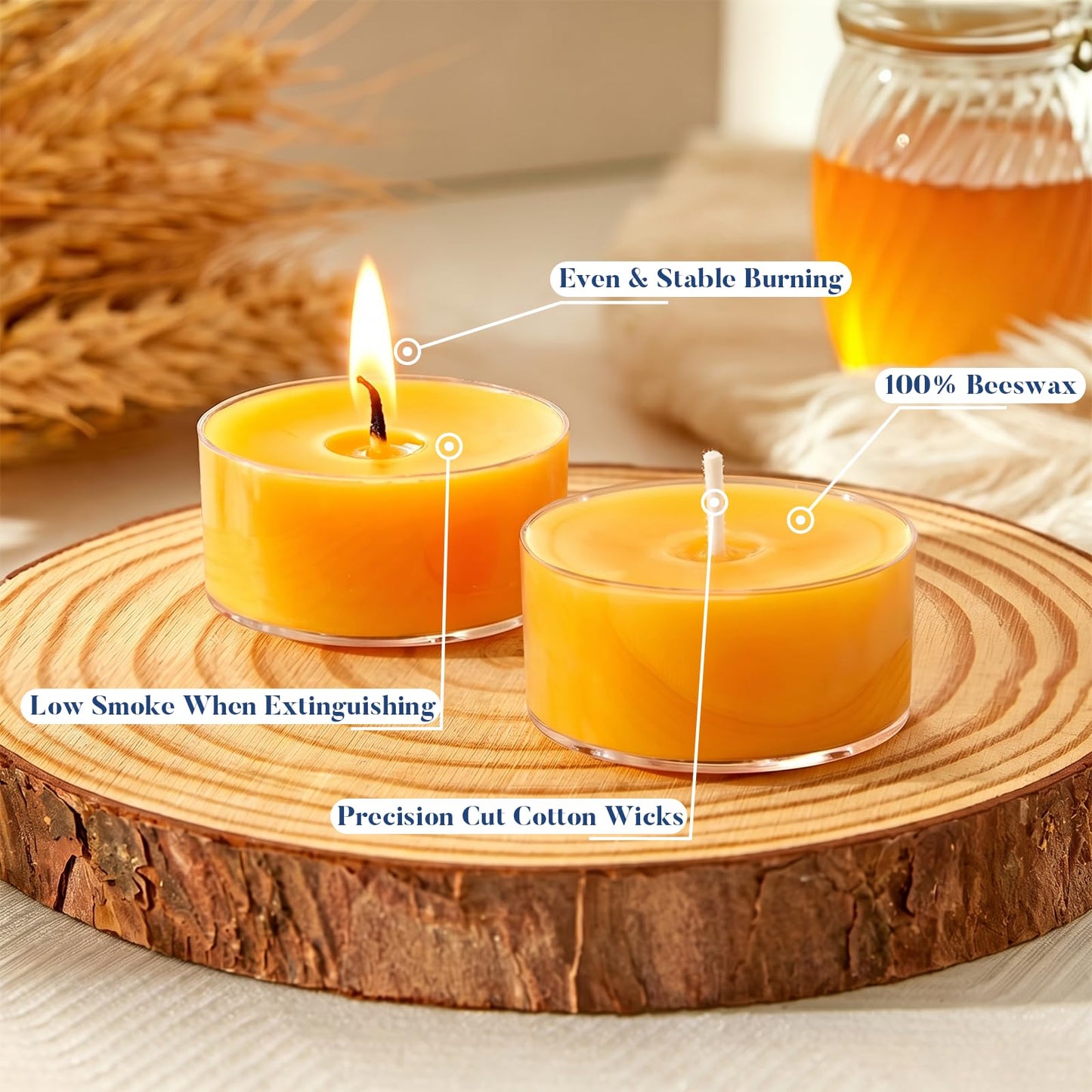Crenovo 48 Pack Beeswax Tea Lights, 4-Hour Long Burning Tealight Candles, Ideal for Dinners Meditation Home Decor Tea Candles