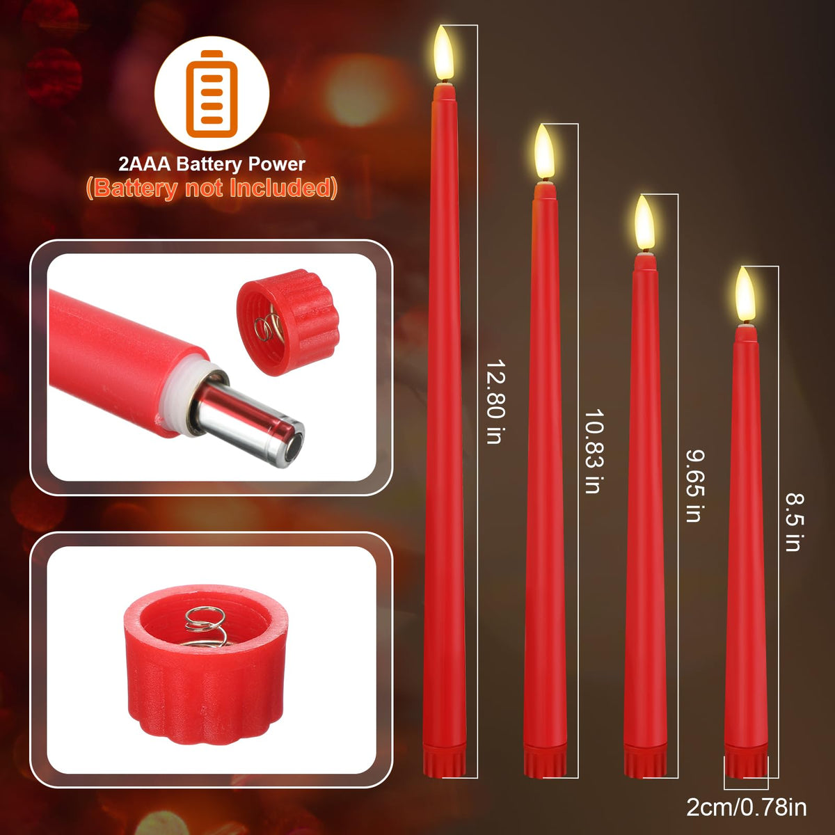 Rossesay 24 Pcs Flameless LED Taper Candles Battery Operated Candle 8.5", 9.65", 10.8", 12.8" Flameless Candlesticks Flickering for Christmas Church Wedding Indoor Decoration(Classic, Red)