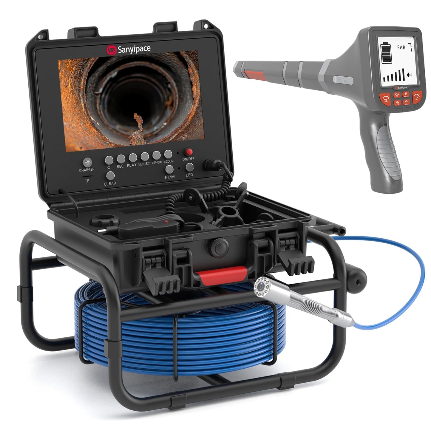 Sanyipace Pipe Camera with Locator, 512Hz Sewer Camera with Self-Leveling, 23mm/0.9in Drain Camera with Distance Counter, 5X Zoom, Waterproof Plumbing Inspection Camera with 12 PCS Lights, 66FT/20M