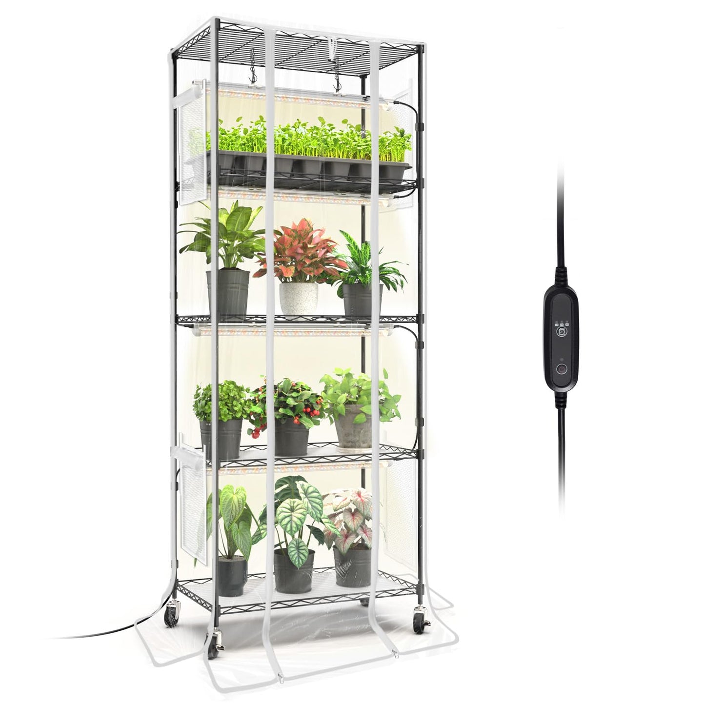 Bstrip Indoor Greenhouse with Grow Light, 5 Tier 23.5"x13.8"x59" Mini Greenhouse with 4 Pack 24W Full Spectrum Plant Lights & Timer, Plant Shelf with Cover for Indoor Plant, Seed Starting, Seed Tray