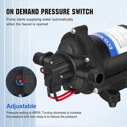 ECO-WORTHY RV Fresh Water Pump 12V DC 3.5GPM 45PSI with Pressure Switch, 12Volt Self Priming Water Pressure Diaphragm Pump On demand for RV Yacht Camper Sprayer Food Truck Black