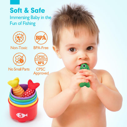 hahaland Montessori Toys for 1 Year Old - 10 in 1 Cloth Toddler Fishing Game with Stacking Cups, Baby Toy 12-18 Months One Year Old Boy Birthday Gift, Toddler Toys for 1 2 Year Old Boy Girl Gifts