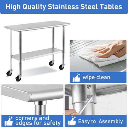 ROCKPOINT Stainless Steel Table for Prep & Work with Caster Wheels 24x30 Inches, NSF Metal Commercial Kitchen Heavy Duty Table with Adjustable Under Shelf and Table Foot for Restaurant, Home and Hotel