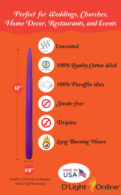 D'light Online Elegant 12" Purple Gradient Taper Candles Premium Quality- Unscented, Hand-Dipped Tapered Candles, Dripless and Smokeless - Set of 12 (12 Inch, Purple Gradient)