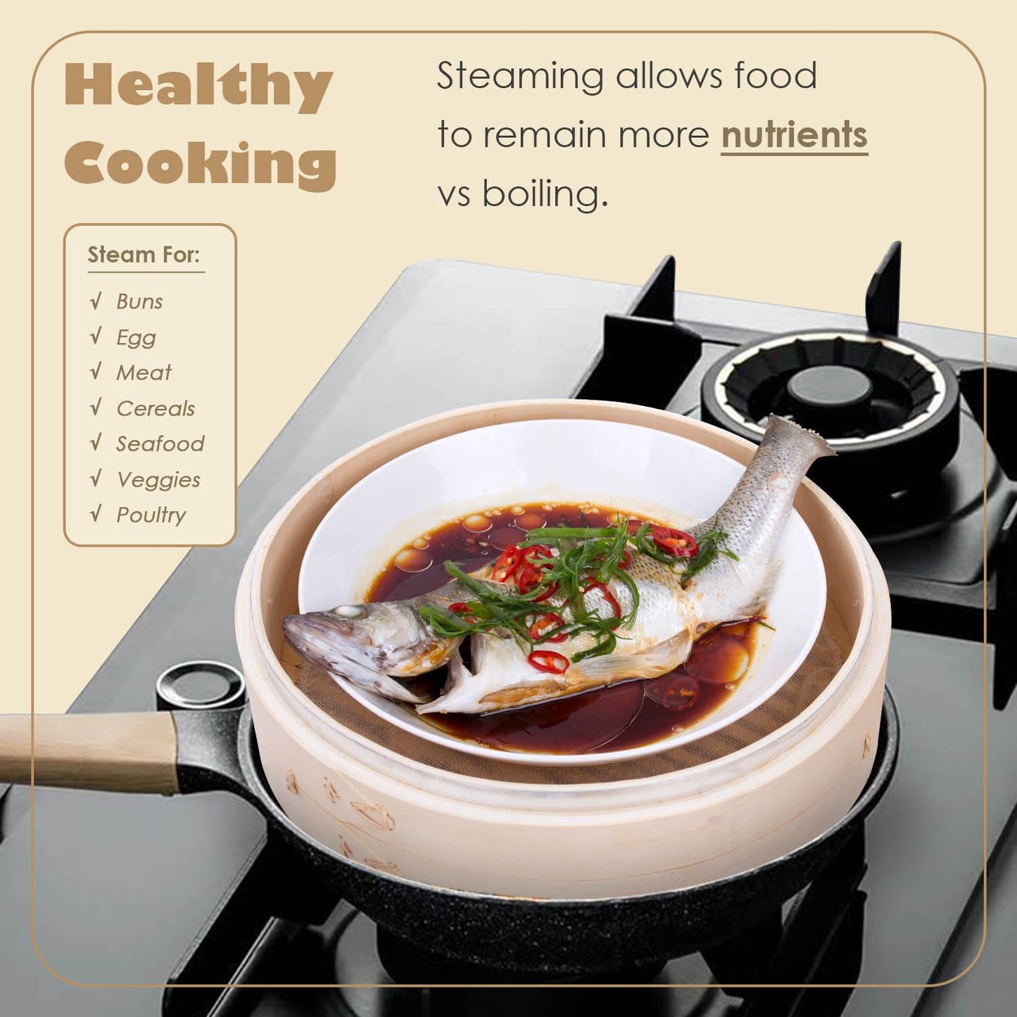Hcooker Bamboo Steamer Basket Set, 8-Inch 2-Tier Steamer for Cooking, Chopsticks Liners Sauce Dish Dumpling Making Tools, Steaming Asian Food, Bao Buns, Meat, Dim Sum, Rice, Vegetable Steam Pot