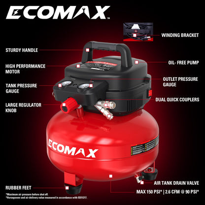 ECOMAX Air Compressor 6 Gallon 150 PSI Pancake Portable Oil-free Tank with 10 PCS Accessories Kit
