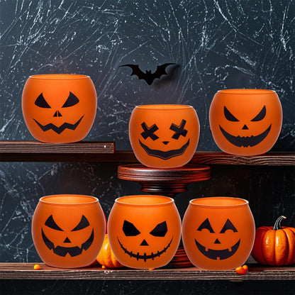 Galssmagic Halloween Table Decor Candle Holder Set of 6,Orange Pumpink Grimace Glass Votive Candle Holders Indoor Outdoor Halloween Decor