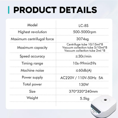 LAB FISH Lab Benchtop Centrifuge Machine 8 x 2ml/5ml/10ml/15ml Capacity Test Tubes,Low Speed 500-5000r/min,Max 3074xg RCF