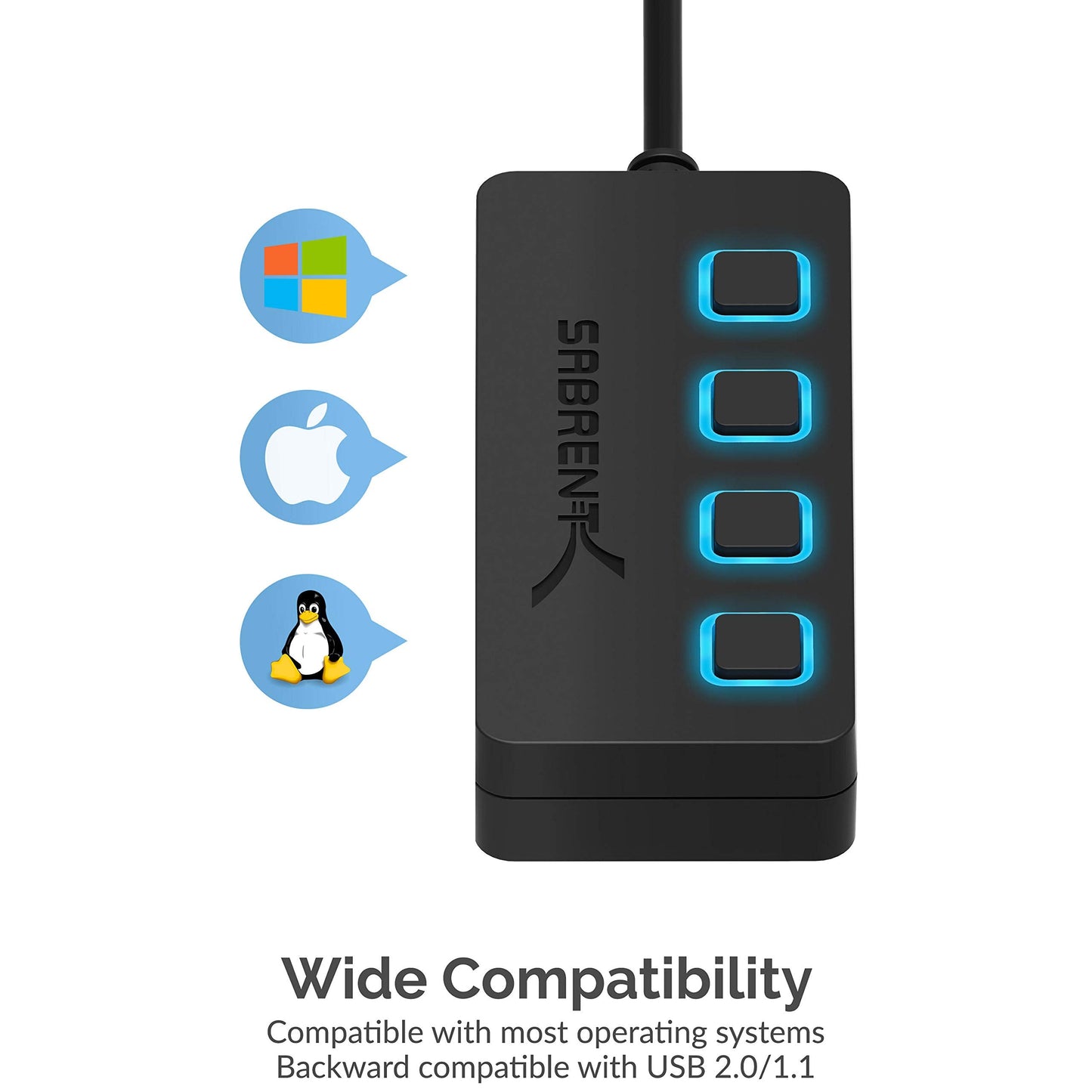 SABRENT 4-Port USB 3.0 Hub with Individual LED Power Switches - Slim, Portable Design - 2 Ft Cable - Fast Data Transfer - Compatible with Mac & PC (HB-UM43)
