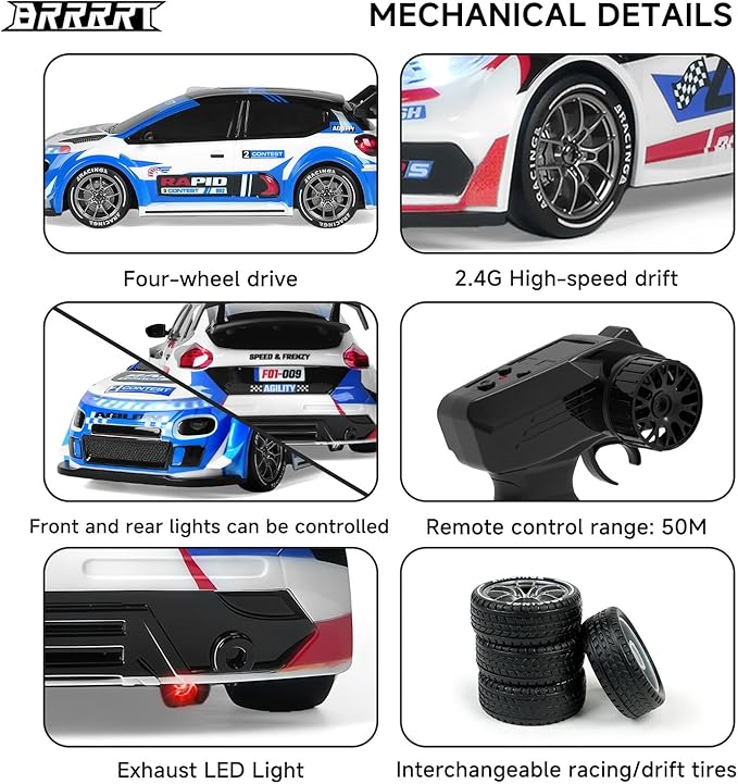 BRRRRT 1:24 Remote Control Rally Car4WD High Speed Remote Control Cars with LED LightsDrift Car for Boys and Girls Age 6+ Blue