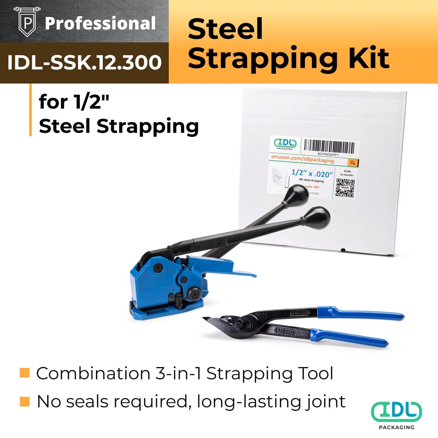 IDL Packaging PRO 1/2" x 300' Steel Strapping Kit, 1100 lbs Break Strength – with Innovative IDL-17-12 Combination Tool, No Seals Required – Complete Packaging Strapping Solution