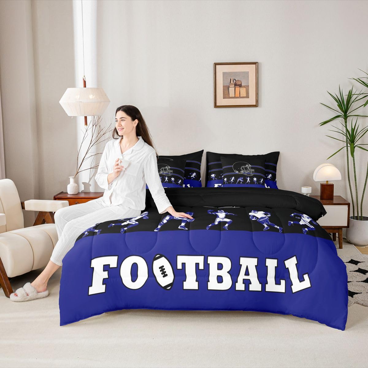 Erosebridal 7 Pieces Bed in a Bag King Comforter Set with Sheets, Football Design Bedding Sets for All Season,1 Comforter, 2 Cushion Covers, 1 Flat Sheet, 1 Fitted Sheet, 2 Pillowcases