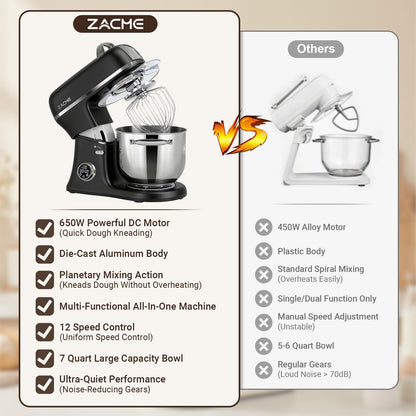 ZACME 7 Quart Stand Mixer Aluminum Die Casting, 650W 12 Speed Tilt-Head Kitchen Electric Stand Mixer, Household Food Mixer with Stainless Steel Bowl, Dough Hook, Whisk and Beater (Black)