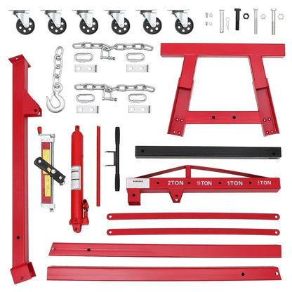 2-Ton Folding Hydraulic Engine Hoist - 4400 lb Heavy Duty Shop Crane with Adjustable Telescoping Boom, Load Leveler & 6 Swivel Caster Wheels, Red, for Garage and Automotive Use
