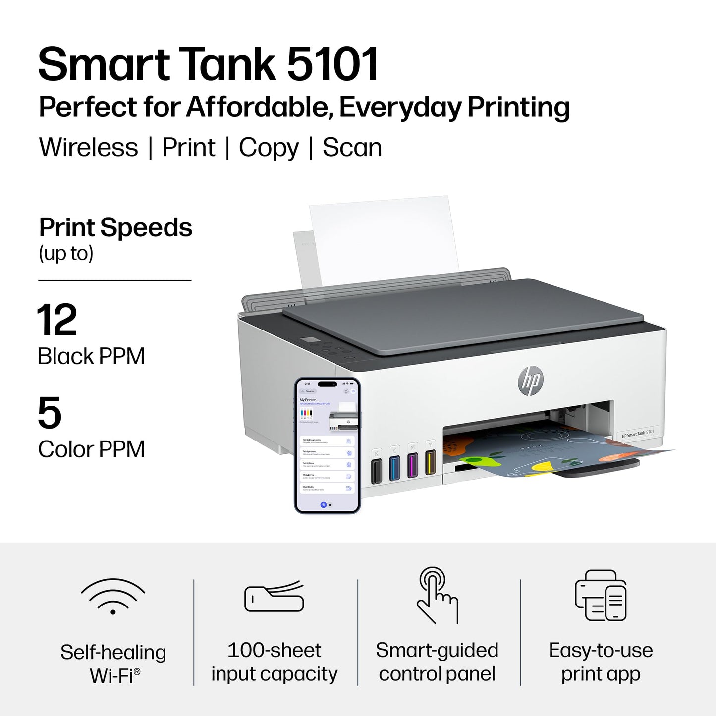 HP Smart Tank 5101 Wireless All-in-One Refillable Printer, Scanner, Copier with 2 years of Ink included, Wireless printer-for-home use. (1F3Y0A)