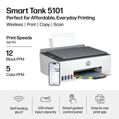 HP Smart Tank 5101 Wireless All-in-One Refillable Printer, Scanner, Copier with 2 years of Ink included, Wireless printer-for-home use. (1F3Y0A)