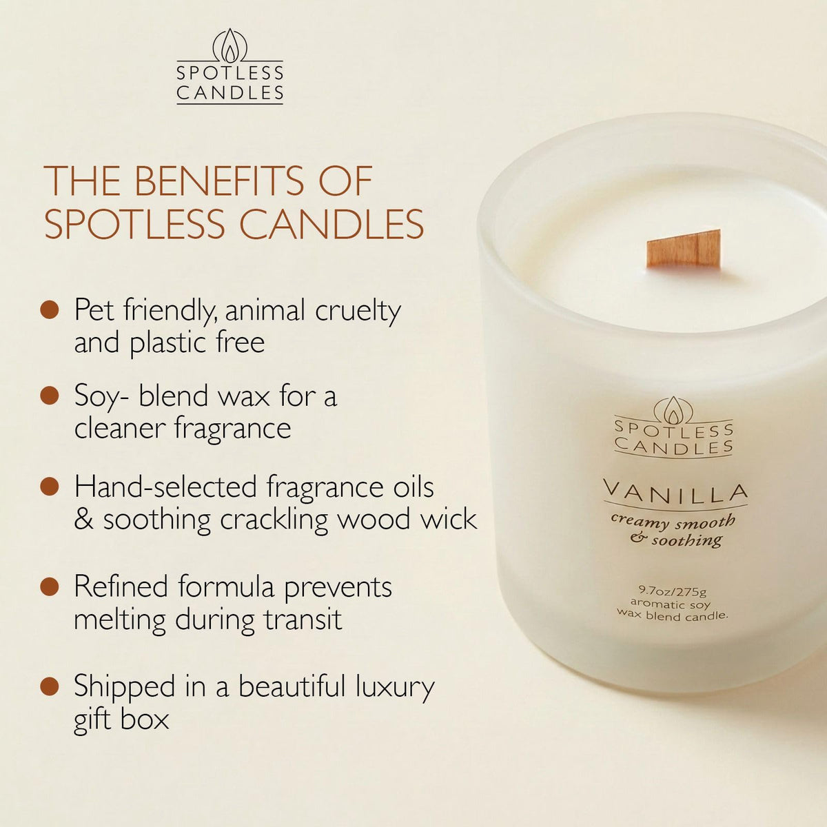 Vanilla Candle; 275g, 55 Hrs Burn Time, Soy Wax White Frosted Jar with Crackling Wooden Wick & Luxury Gift Box: Vanilla Scented Candle by Spotless Candles