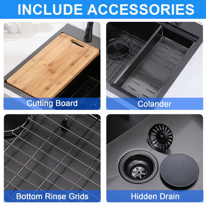 UFaucet 33x22 Drop In Kitchen Sinks Black, Gunmetal Black Stainless Steel Workstation 16Guage Topmount Single Bowl 9 Inch Deep Sink for Kitchen with Integrated Accessories and Features
