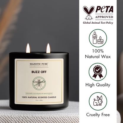 Majestic Pure Citronella Eucalyptus Lemongrass Scented Candle with Upto 45+ Hrs Burn Time, 2-Wick Candle, Soy Wax Blend for Cleaner Burn, 10 oz Jar Candle with Room Filling Fragrance, Buzz