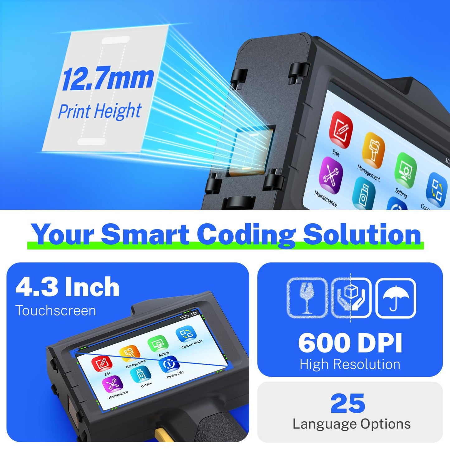 0.5 Inches Print Height Intelligent Handheld Inkjet Printer Lasts 16H Weighs Only 390g for Batch Code Date Lot Number Print on Plastic Carton Wood Metal Glass Aluminum with 42ml Fast Dry Ink (Black)